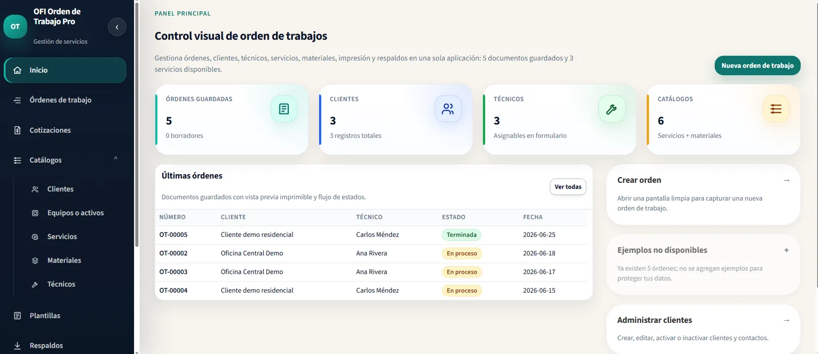 Panel principal de OFI Orden de Trabajo Pro